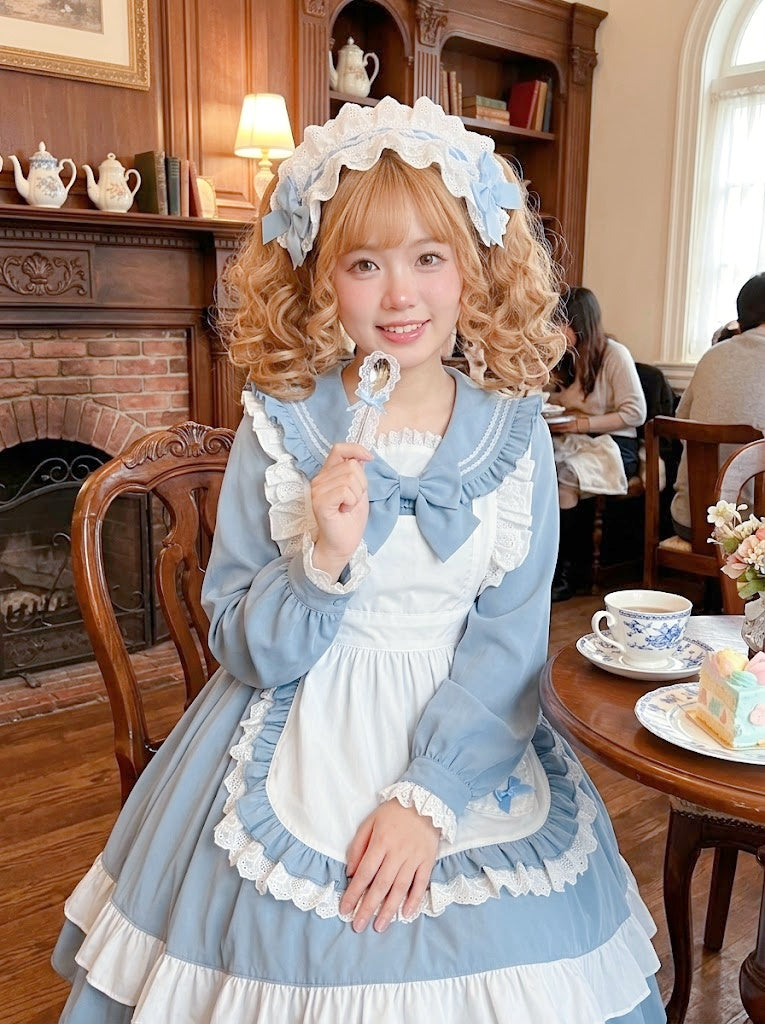 Blue Lolita Dress with Apron Ruffled Lace Outfit