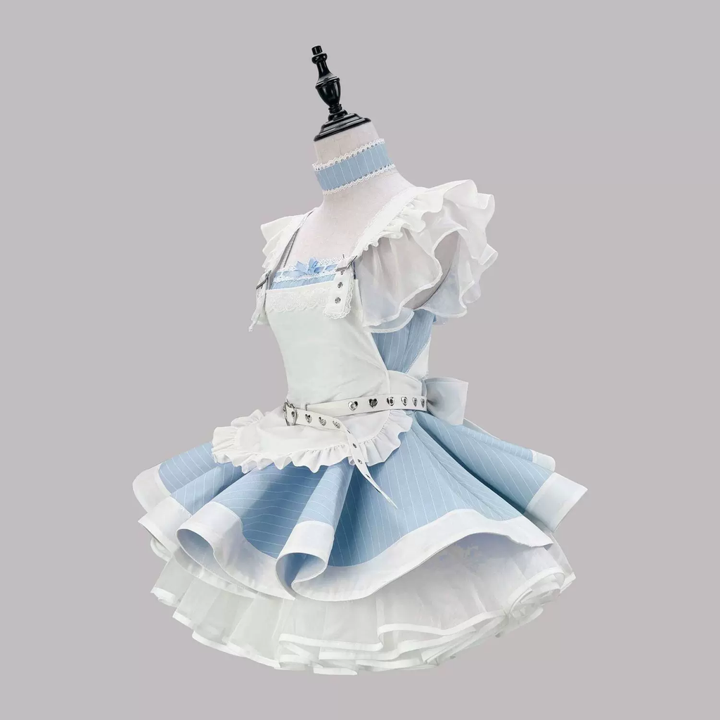 Sweet Maid Lolita Short Sleeve OP Dress Set with High-Waist Heart Buckle Belt and Fitted Waistband