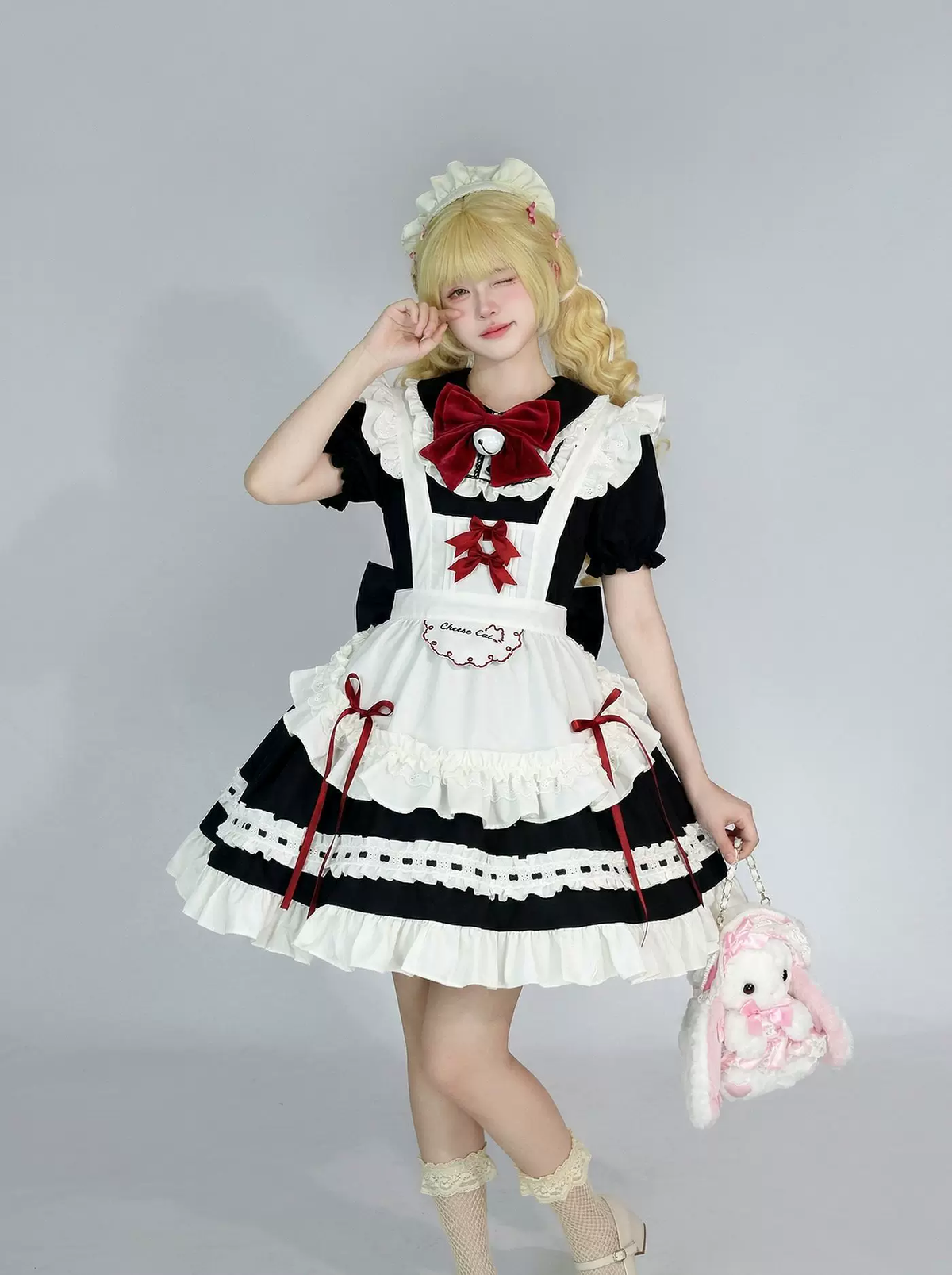 Sweet Maid Lolita Short Sleeve OP Dress Set with Velvet Bell Bow and Embroidered Cat Pocket Apron