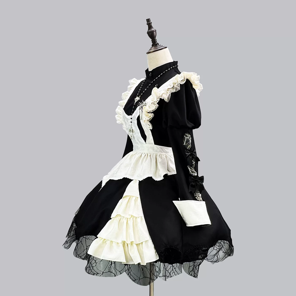 Gothic Maid Lolita Long Sleeve OP Dress Set with Spiderweb Lace and Bat Cross Necklace