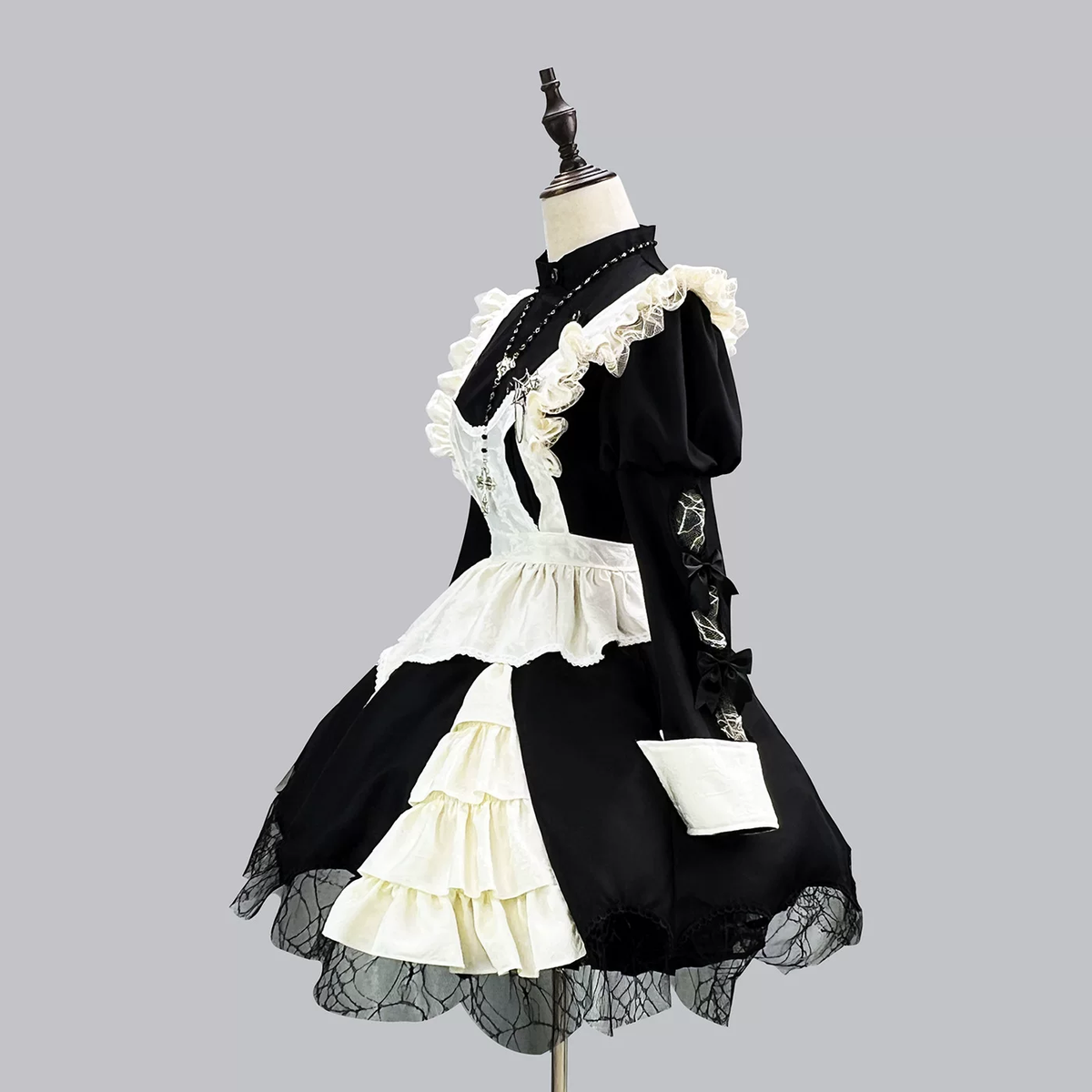 Gothic Maid Lolita Long Sleeve OP Dress Set with Spiderweb Lace and Bat Cross Necklace
