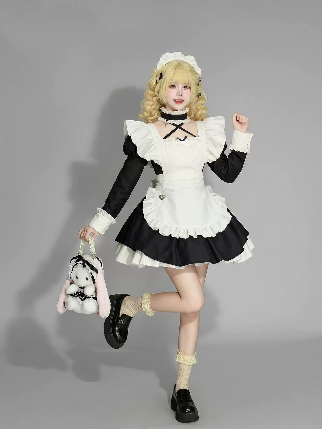 Classic Maid Lolita Long Sleeve OP Dress Set with Crisscross Neckline and Heart Pendant Apron
