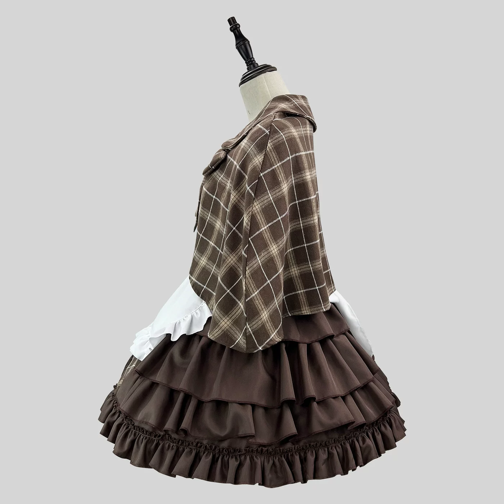 Classic Maid Lolita Short Sleeve OP Dress Set with Plaid Bow Accent and Double-Breasted Apron