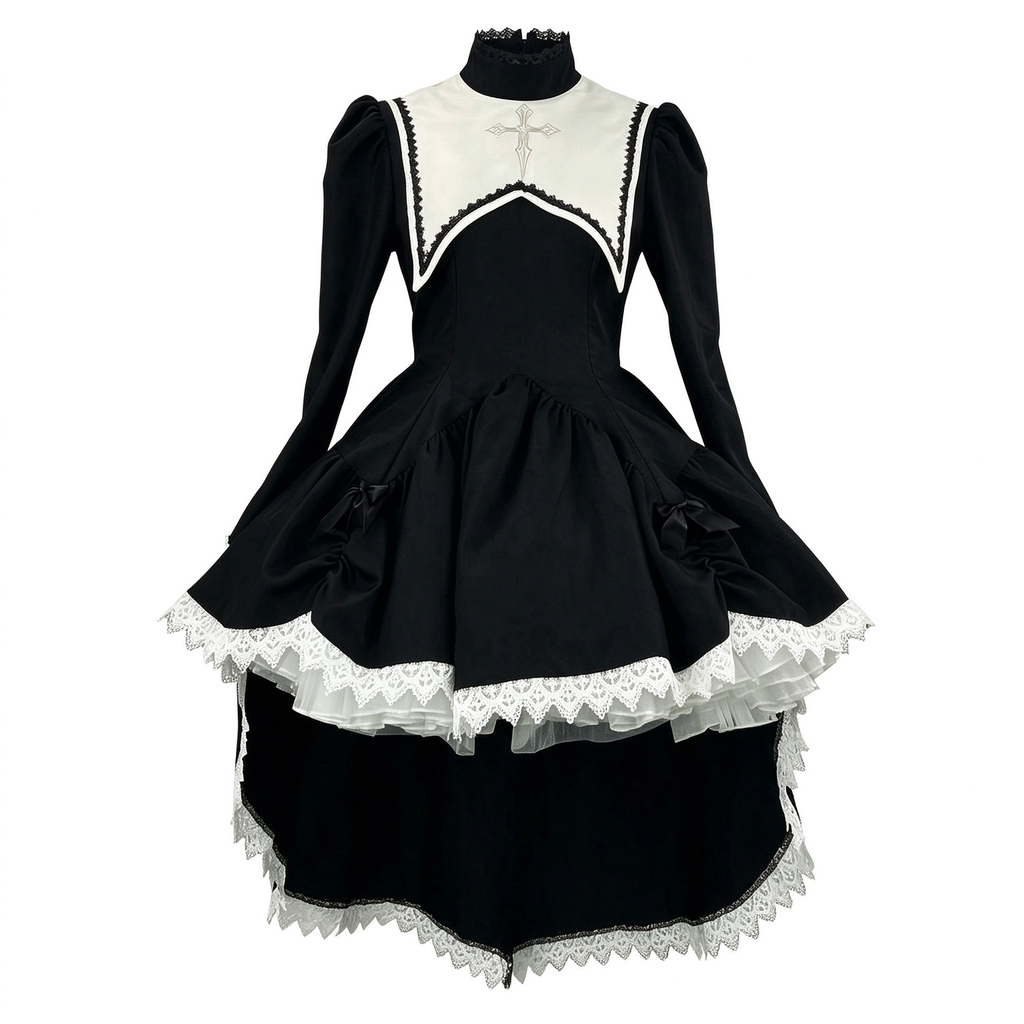 Gothic Nun Lolita Long Sleeve OP Dress with Cross Embroidery and High-Low Hem