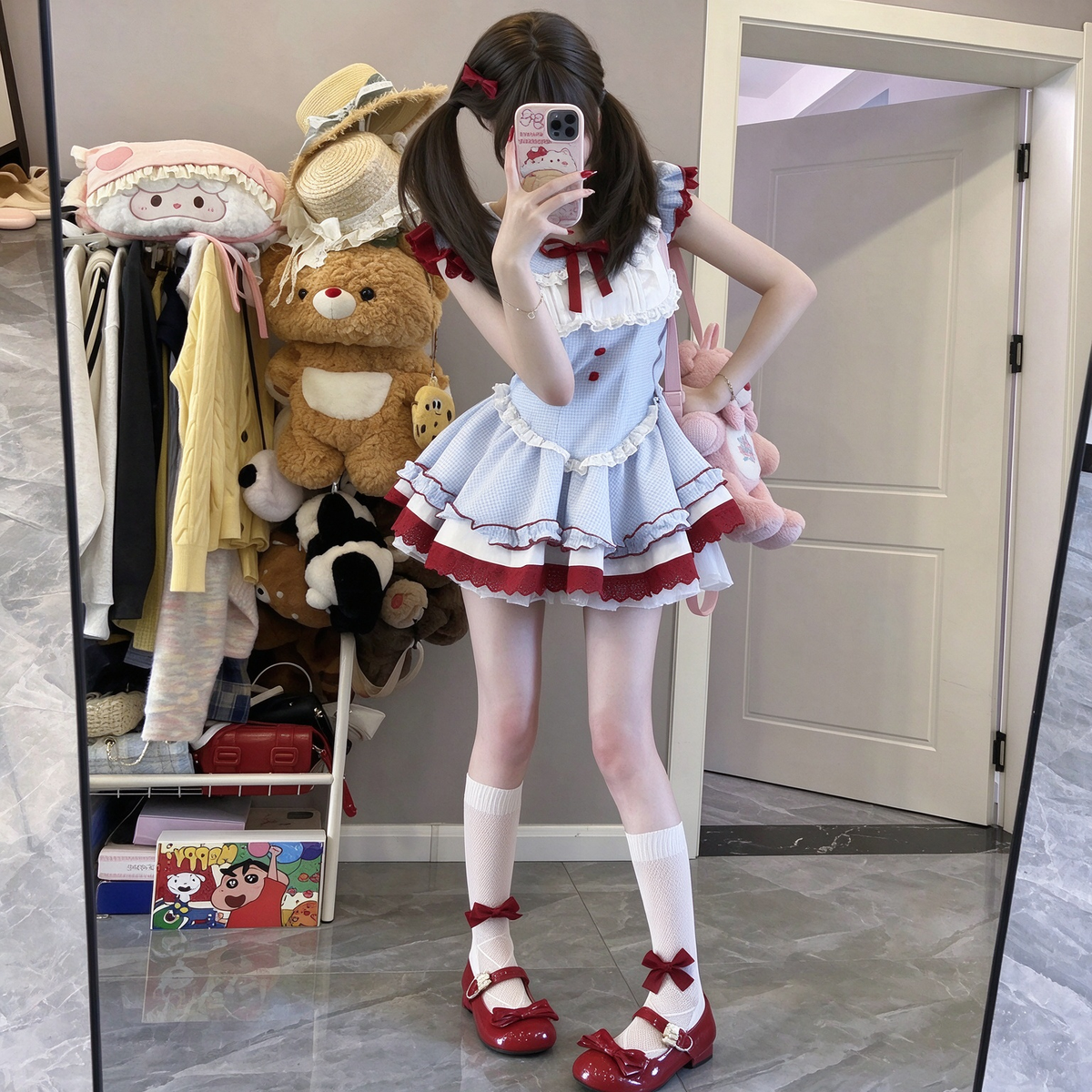 Sweet Lolita Sleeveless Gingham OP Dress with Lace Trim Yoke and Red Ribbon Bow