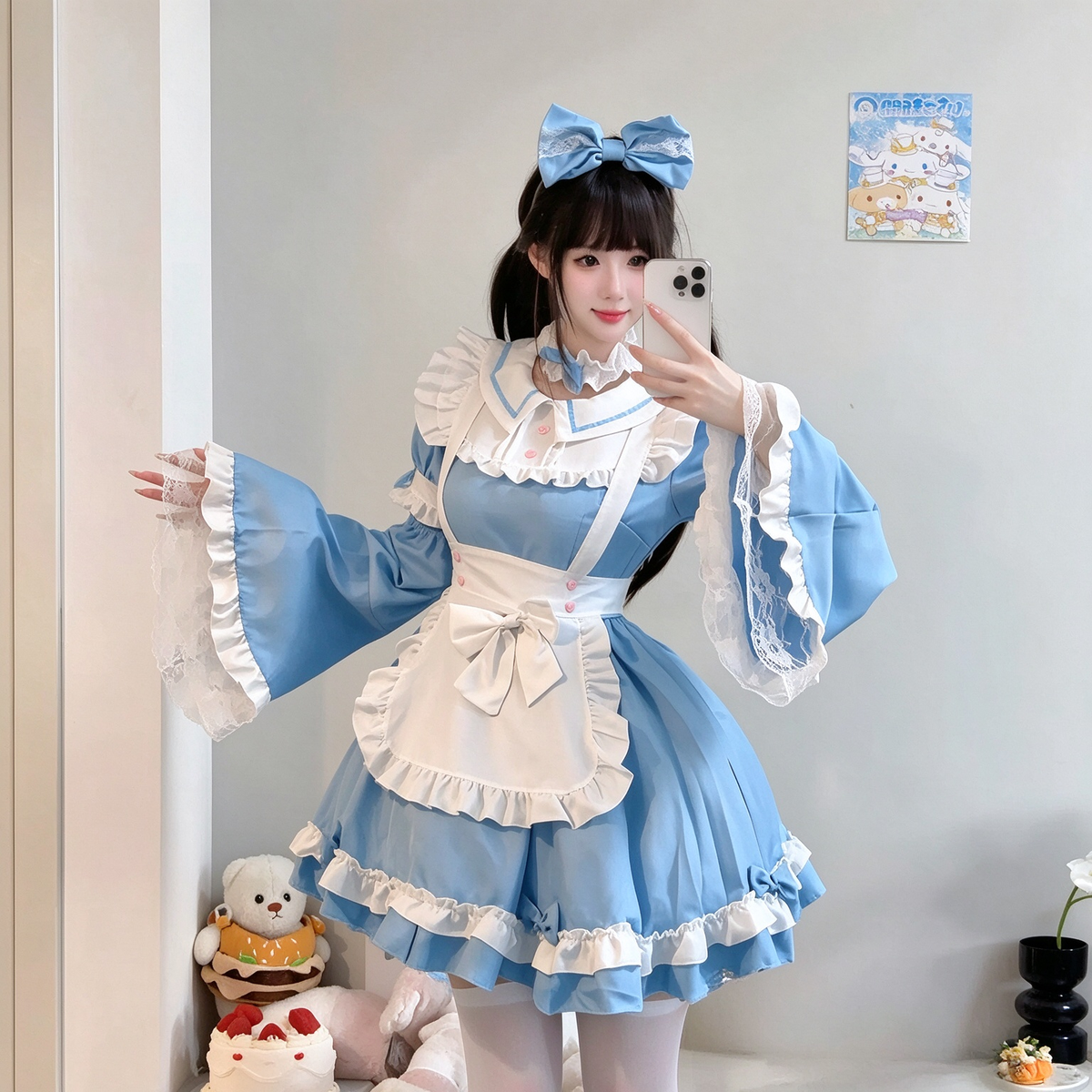 Sweet Maid Lolita Long Sleeve OP Dress Set with Bell Sleeves and Ruffled Apron Bow