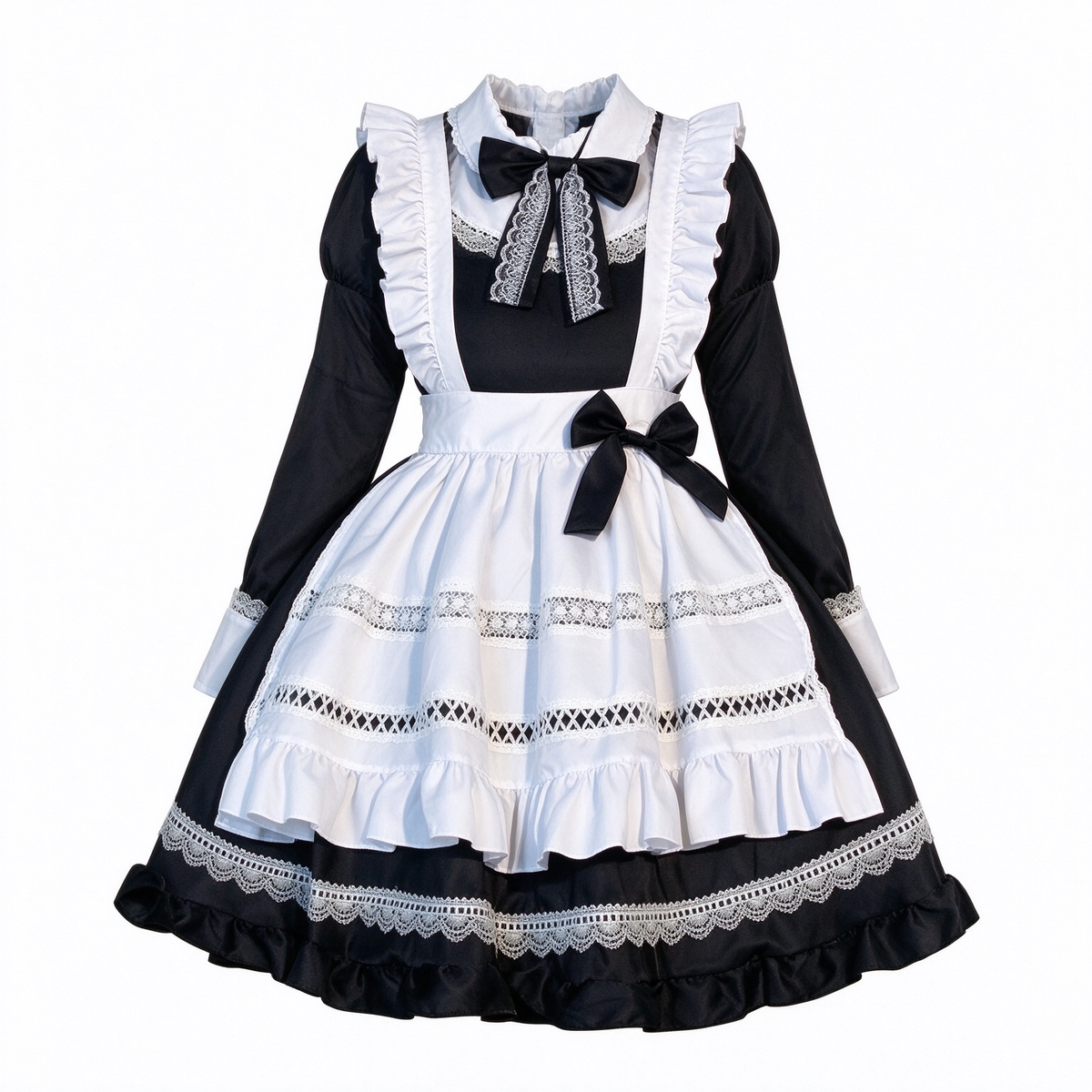 Classic Maid Lolita Long Sleeve OP Dress Set with Ruffled Shoulder Strap Apron