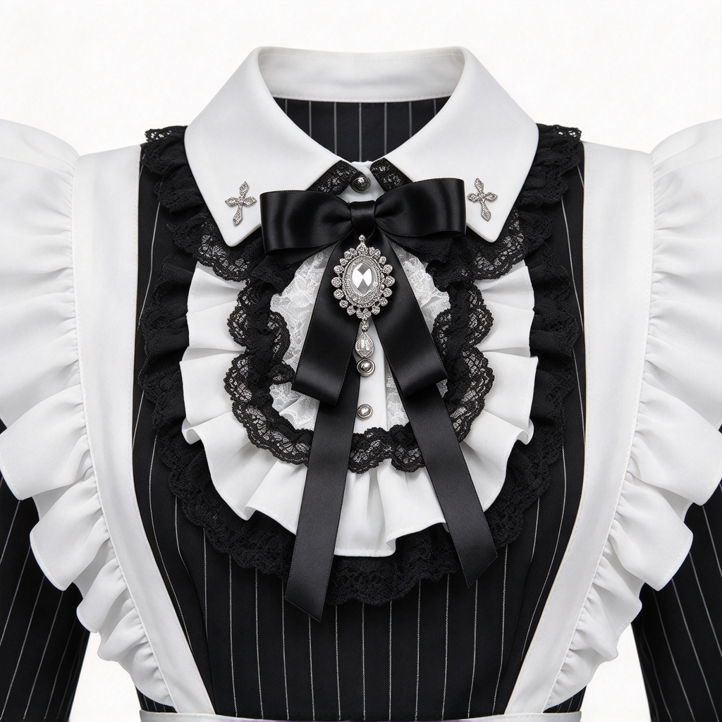 Gothic Maid Lolita Long Sleeve OP Dress Set with Pinstripe Pattern and Cross Embroidered Collar
