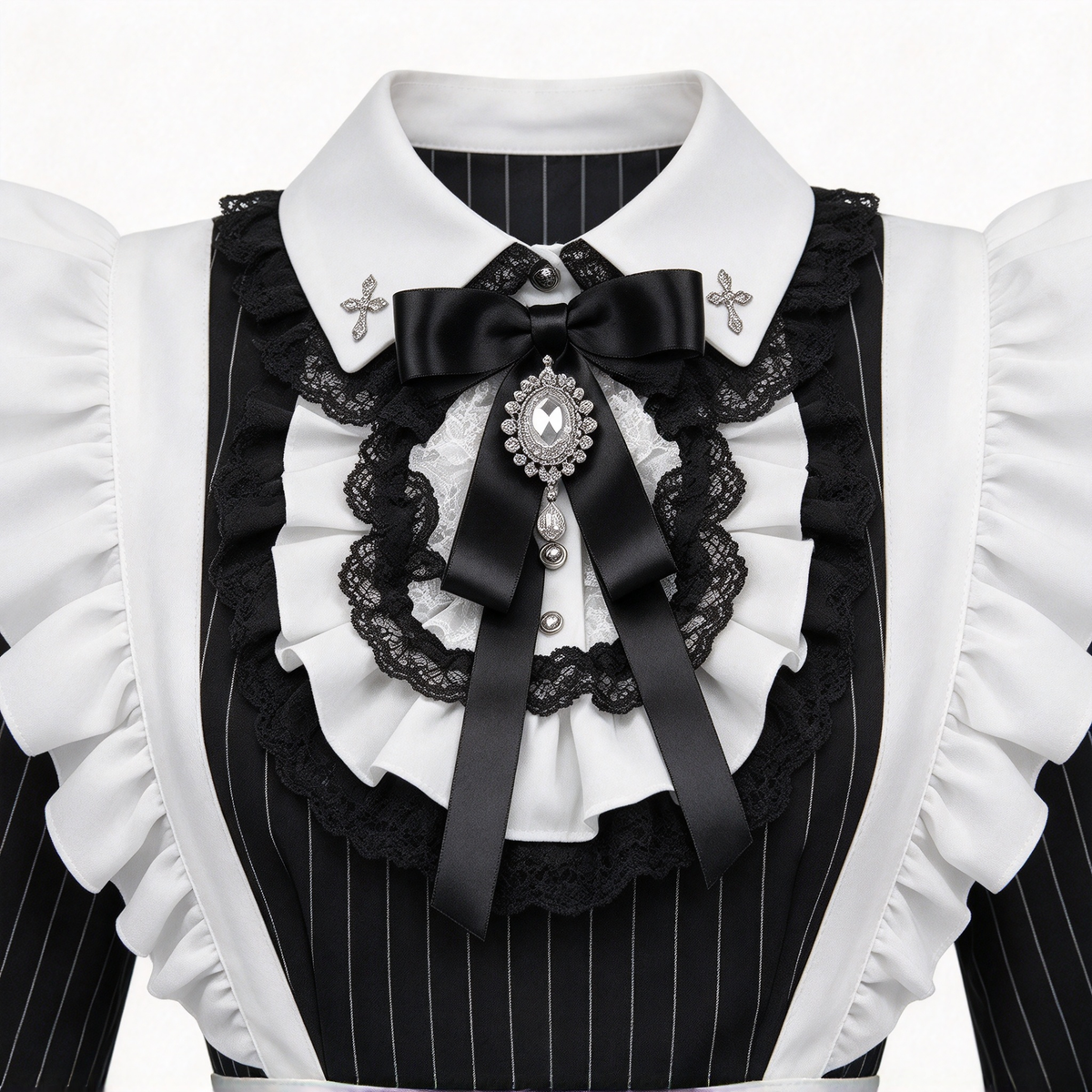 Gothic Maid Lolita Long Sleeve OP Dress Set with Pinstripe Pattern and Cross Embroidered Collar