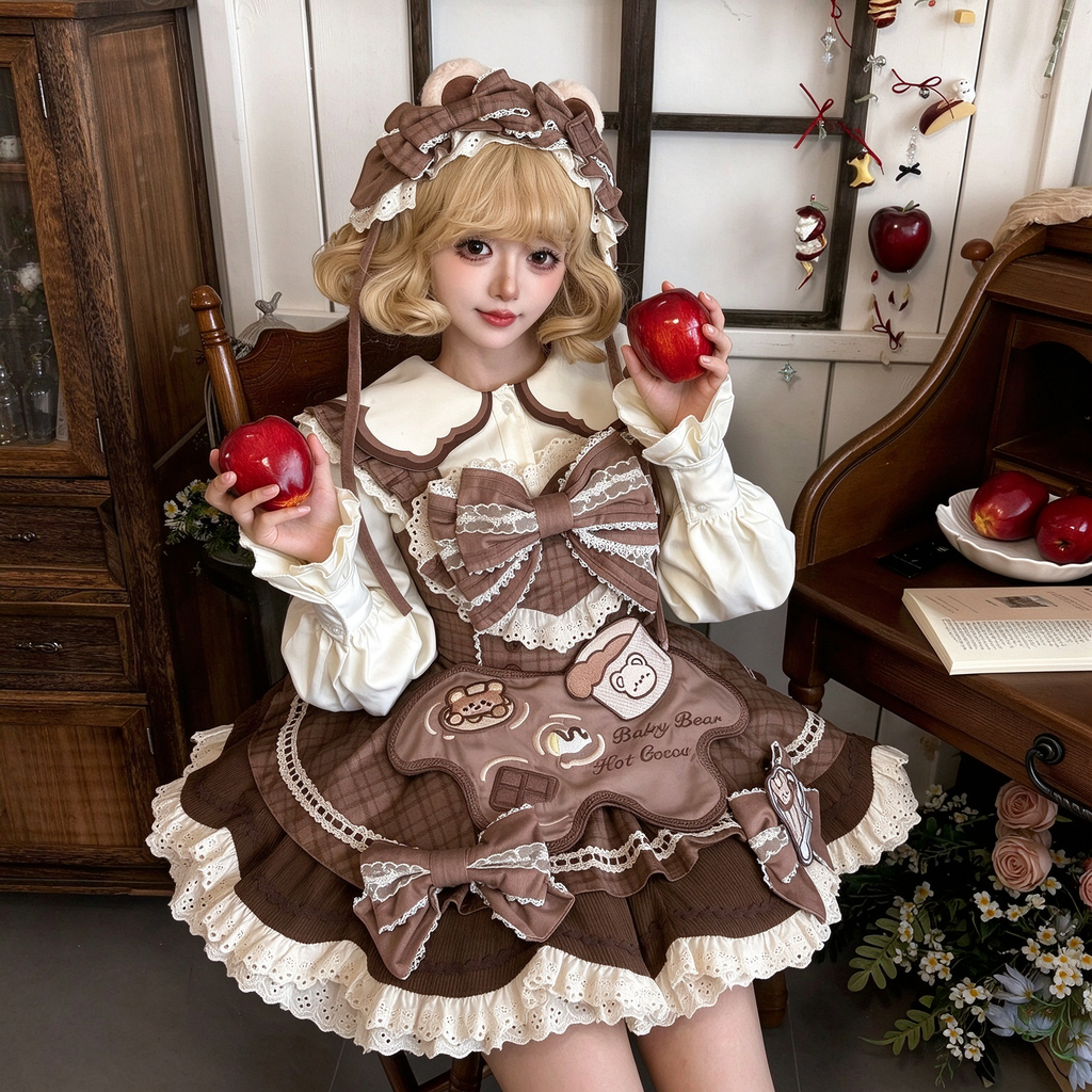 Brown Plaid Bear Print Ruffled Lolita Dress Set with Bow Accent