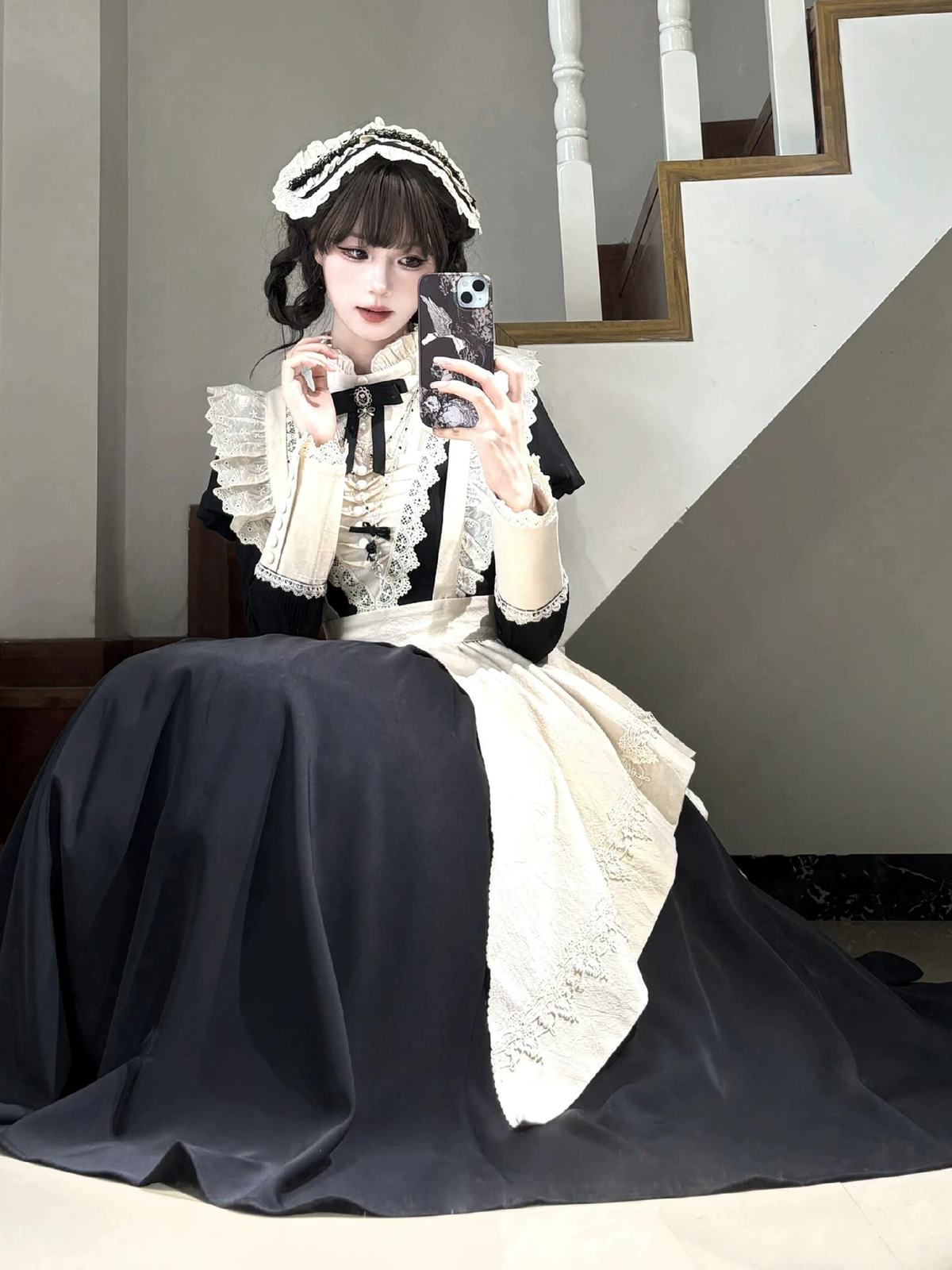 Classic Maid Lolita Short Sleeve Long OP Dress Set with V-Neck Lace Yoke and Pointed Apron