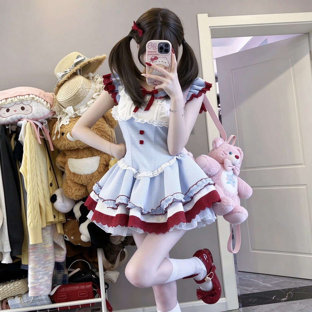 Sweet Lolita Sleeveless Gingham OP Dress with Lace Trim Yoke and Red Ribbon Bow