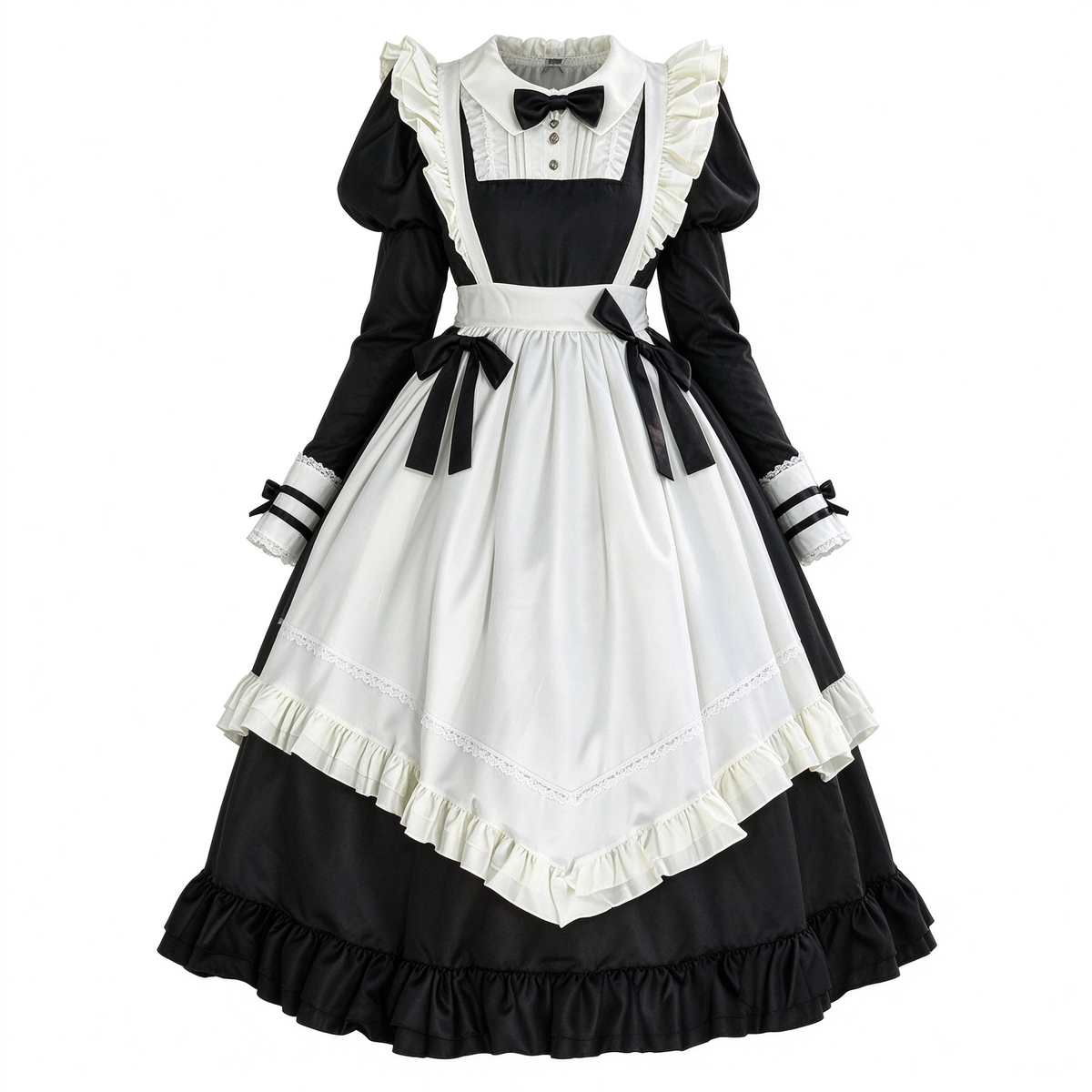 Classic Maid Lolita Long Short Sleeve OP Dress Set with Scalloped Pointed Apron