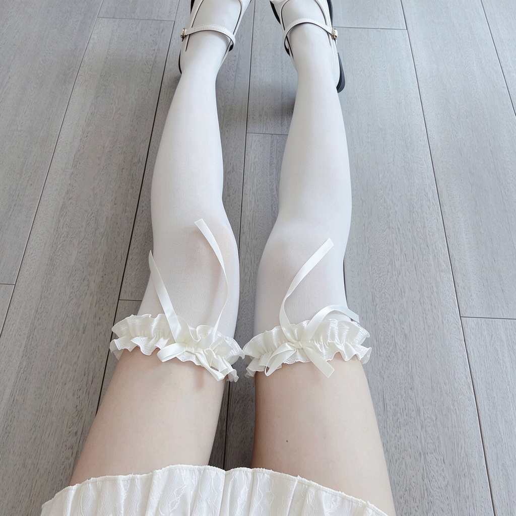 White Velvet Ruffled Lace Bow Over-Knee Sweet Lolita Socks