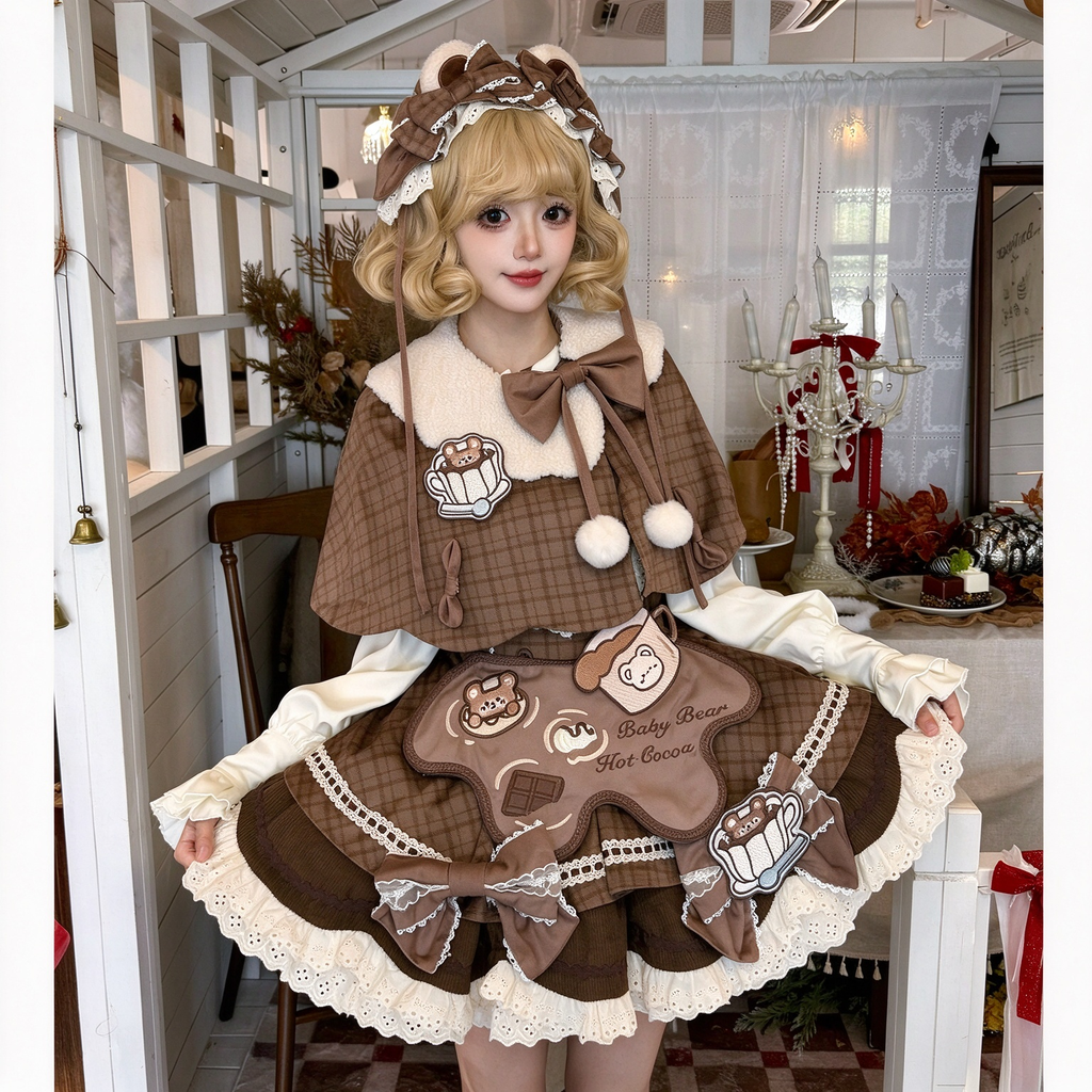 Brown Plaid Bear Print Ruffled Lolita Dress Set with Bow Accent