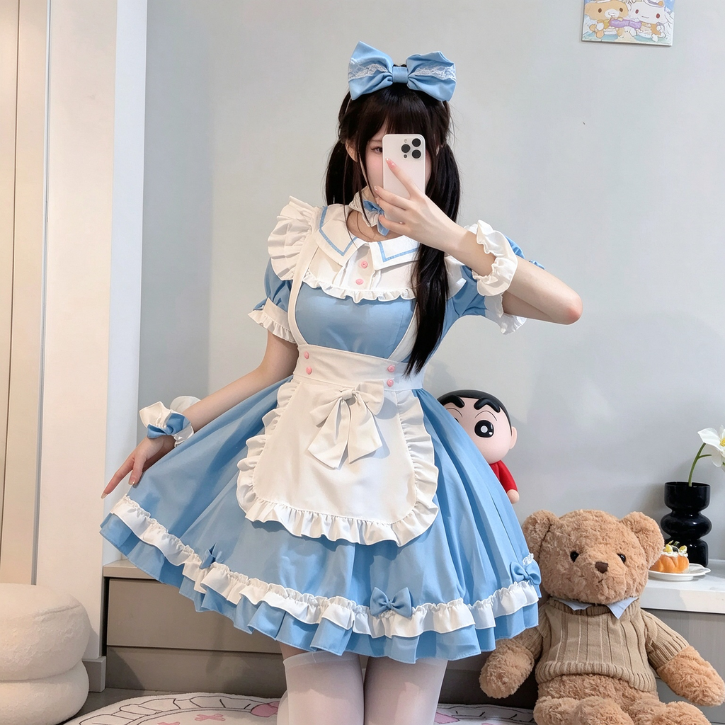 Sweet Maid Lolita Long Sleeve OP Dress Set with Bell Sleeves and Ruffled Apron Bow