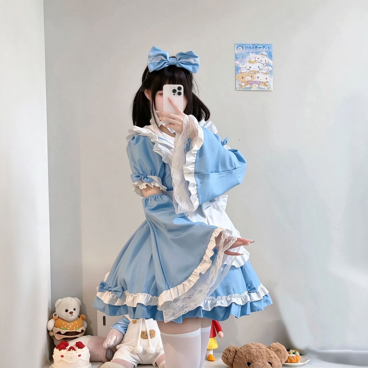 Sweet Maid Lolita Long Sleeve OP Dress Set with Bell Sleeves and Ruffled Apron Bow