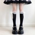 Black and White Lace Ruffled Bow Detail Velvet Calf High Sweet Lolita Socks
