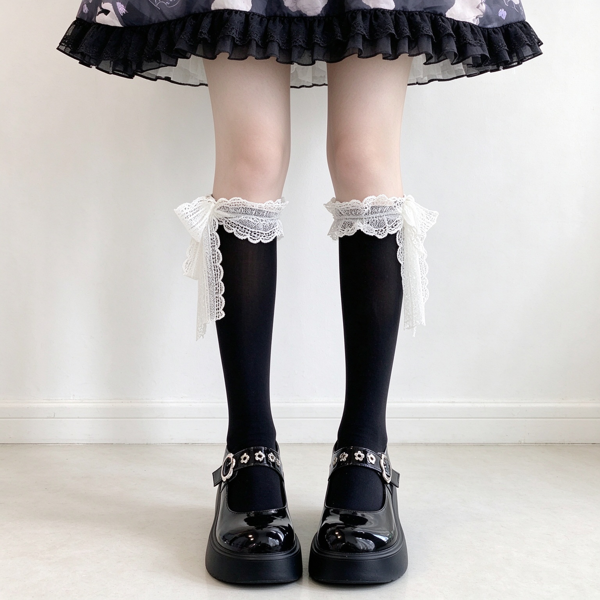 Black and White Lace Ruffled Bow Detail Velvet Calf High Sweet Lolita Socks