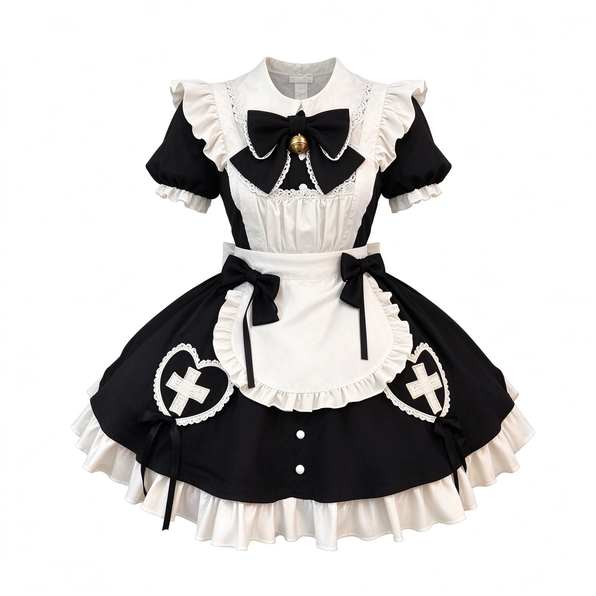 Black and White Ruffled Maid Lolita Dress with Apron Bow Accent