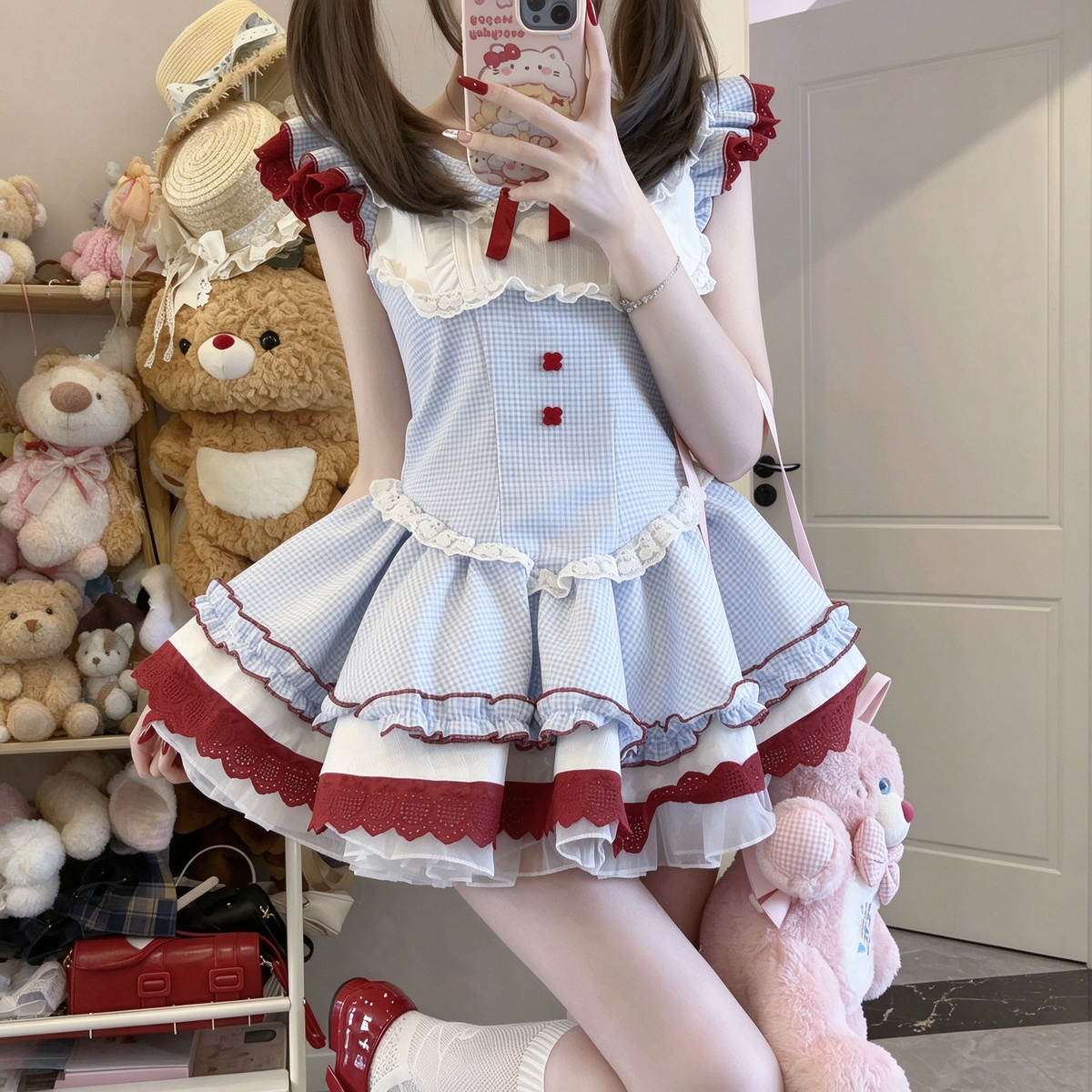 Sweet Lolita Sleeveless Gingham OP Dress with Lace Trim Yoke and Red Ribbon Bow