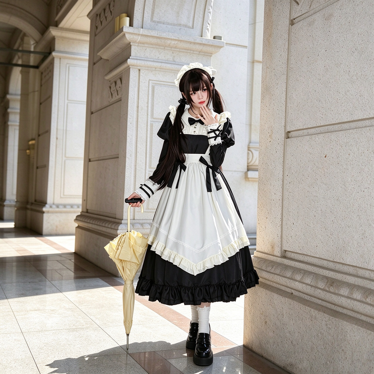 Classic Maid Lolita Long Short Sleeve OP Dress Set with Scalloped Pointed Apron