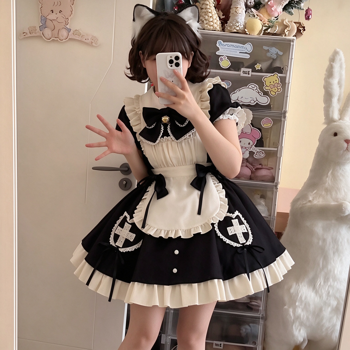 Black and White Ruffled Maid Lolita Dress with Apron Bow Accent