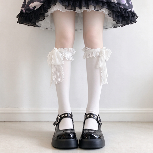 Black and White Lace Ruffled Bow Detail Velvet Calf High Sweet Lolita Socks