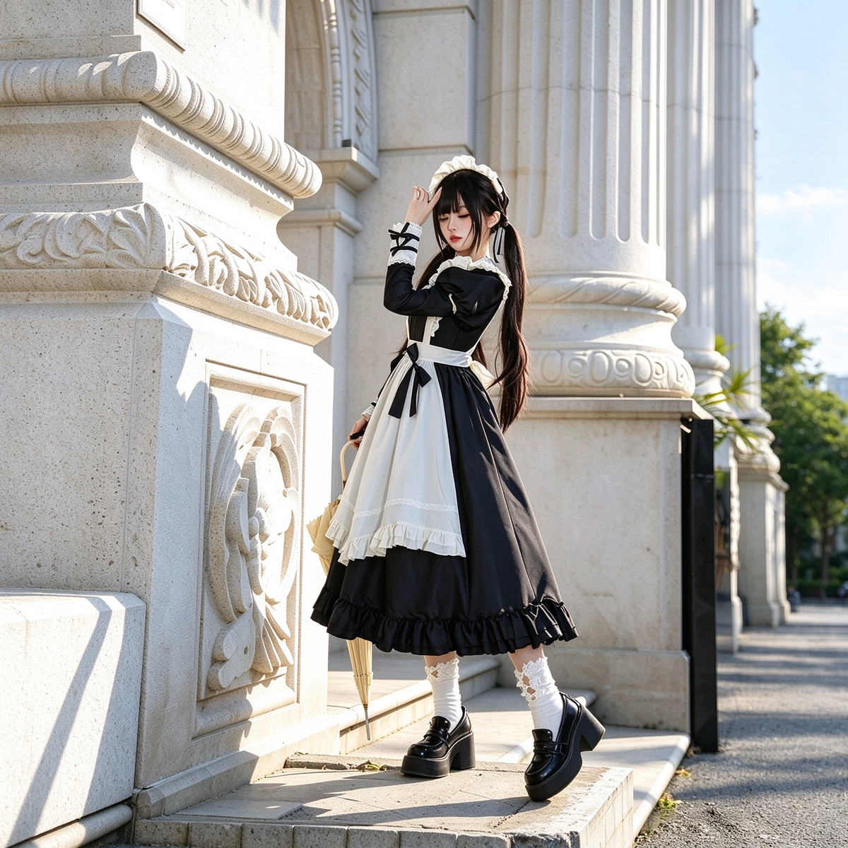 Classic Maid Lolita Long Short Sleeve OP Dress Set with Scalloped Pointed Apron