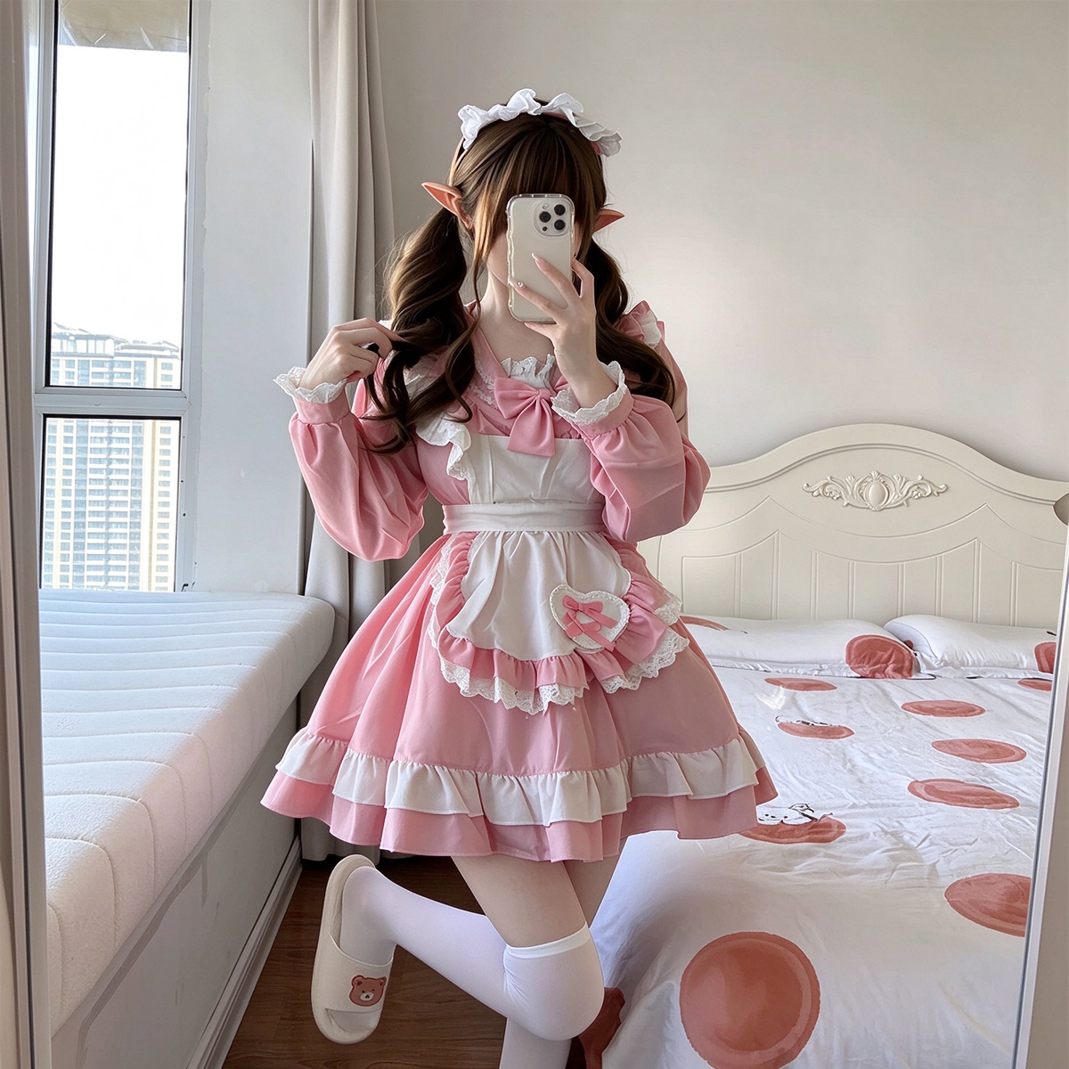 Sweet Maid Lolita Long Sleeve OP Dress Set with Sailor Collar and Heart Pocket Apron