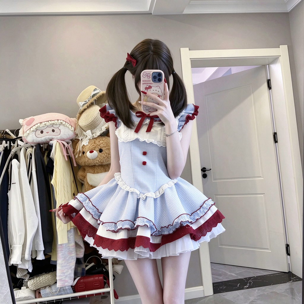 Sweet Lolita Sleeveless Gingham OP Dress with Lace Trim Yoke and Red Ribbon Bow