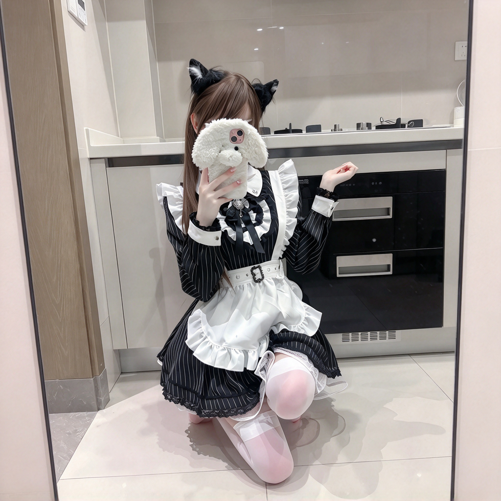 Gothic Maid Lolita Long Sleeve OP Dress Set with Pinstripe Pattern and Cross Embroidered Collar