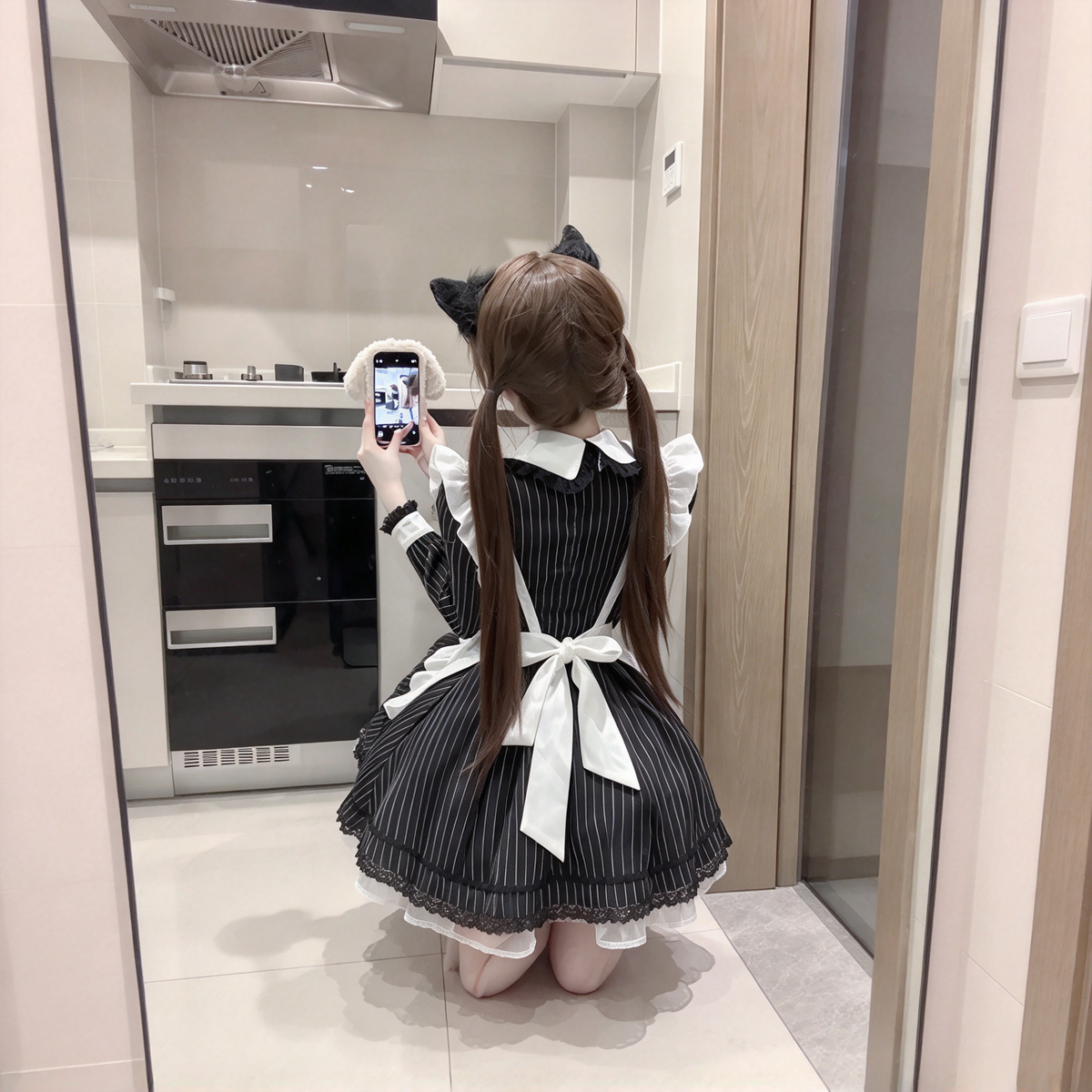 Gothic Maid Lolita Long Sleeve OP Dress Set with Pinstripe Pattern and Cross Embroidered Collar