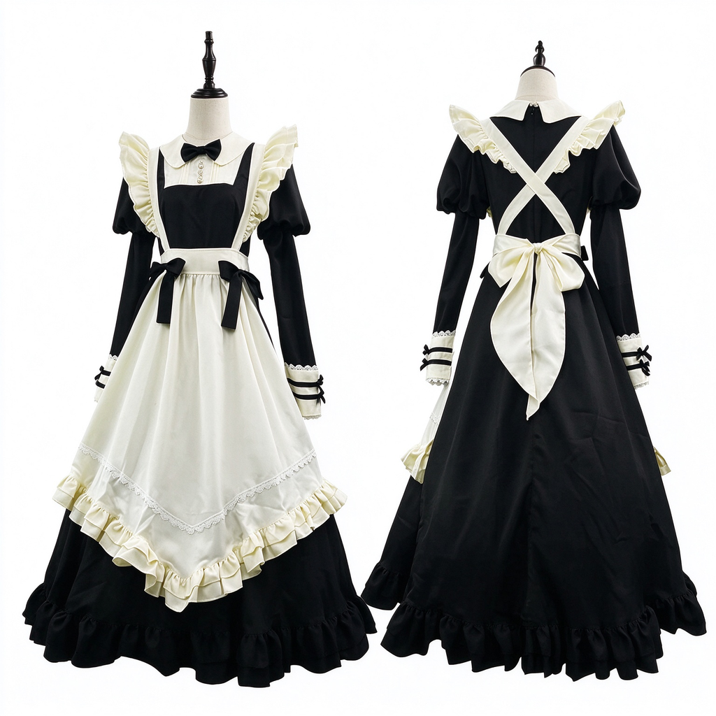 Classic Maid Lolita Long Short Sleeve OP Dress Set with Scalloped Pointed Apron