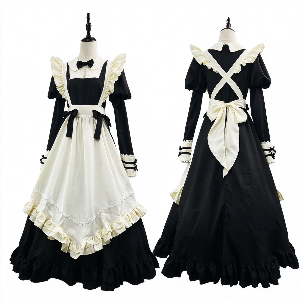 Classic Maid Lolita Long Short Sleeve OP Dress Set with Scalloped Pointed Apron