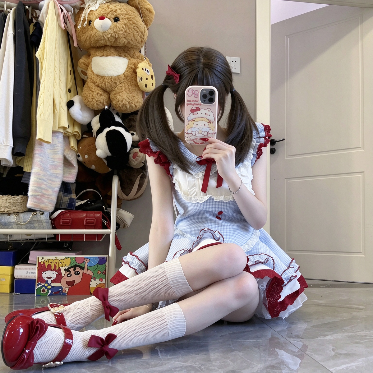 Sweet Lolita Sleeveless Gingham OP Dress with Lace Trim Yoke and Red Ribbon Bow