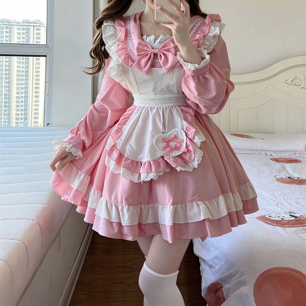 Sweet Maid Lolita Long Sleeve OP Dress Set with Sailor Collar and Heart Pocket Apron