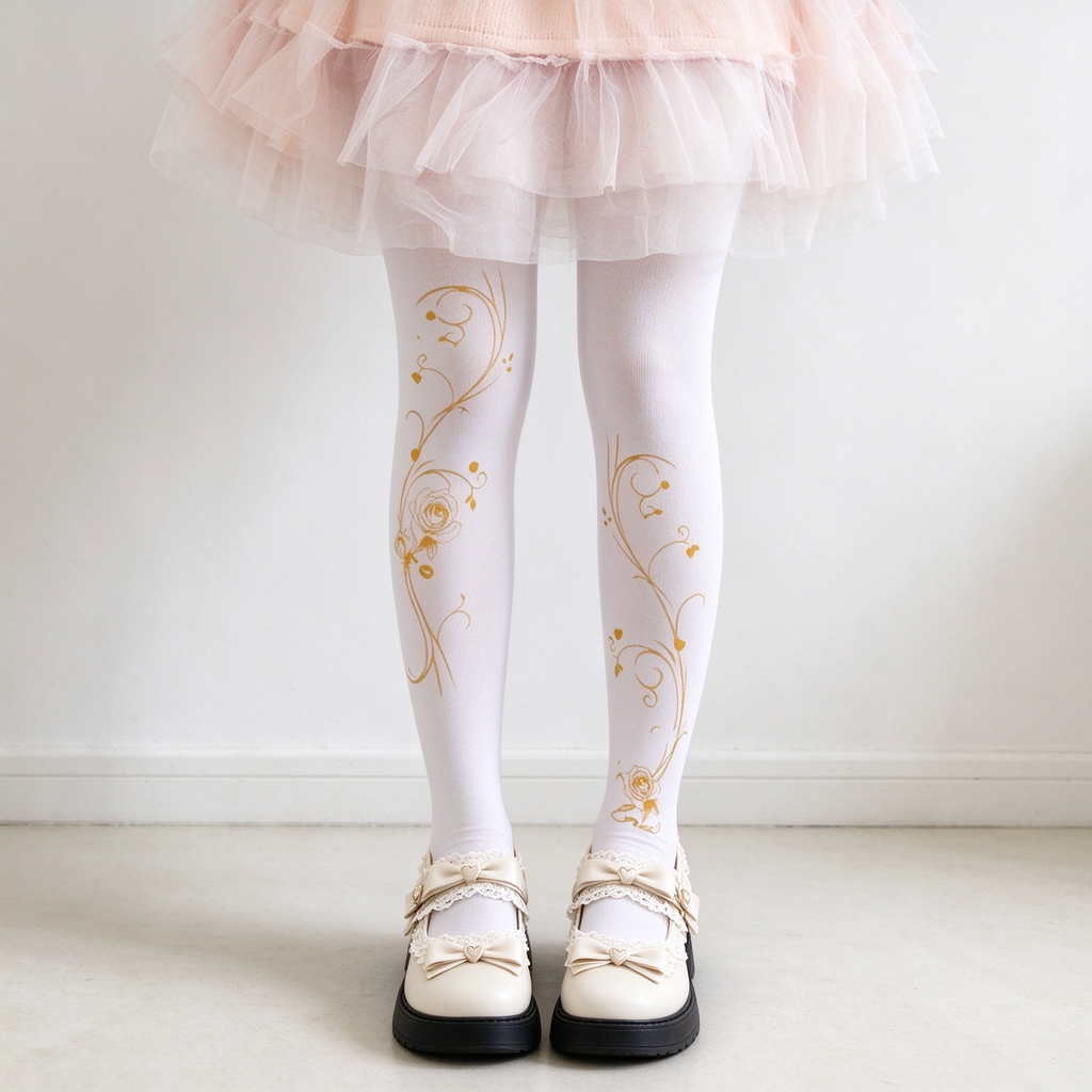 White Velvet Tights with Gold Floral Vine Print Sweet Lolita Pantyhose