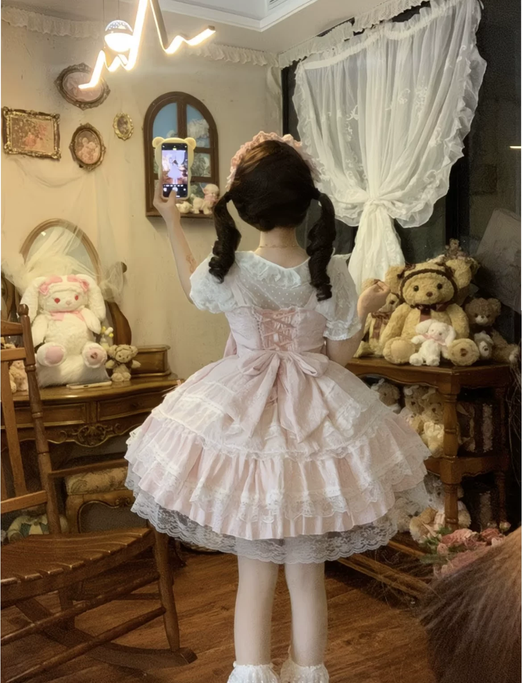 Light Blue and Pink Jacquard Ruffled Lolita Dress Set with Bow Accent