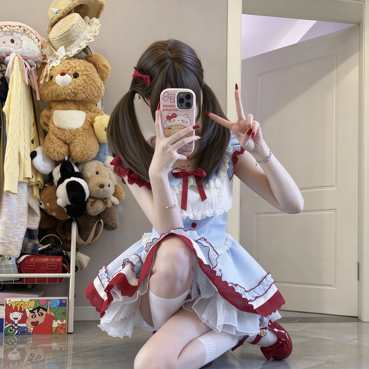 Sweet Lolita Sleeveless Gingham OP Dress with Lace Trim Yoke and Red Ribbon Bow