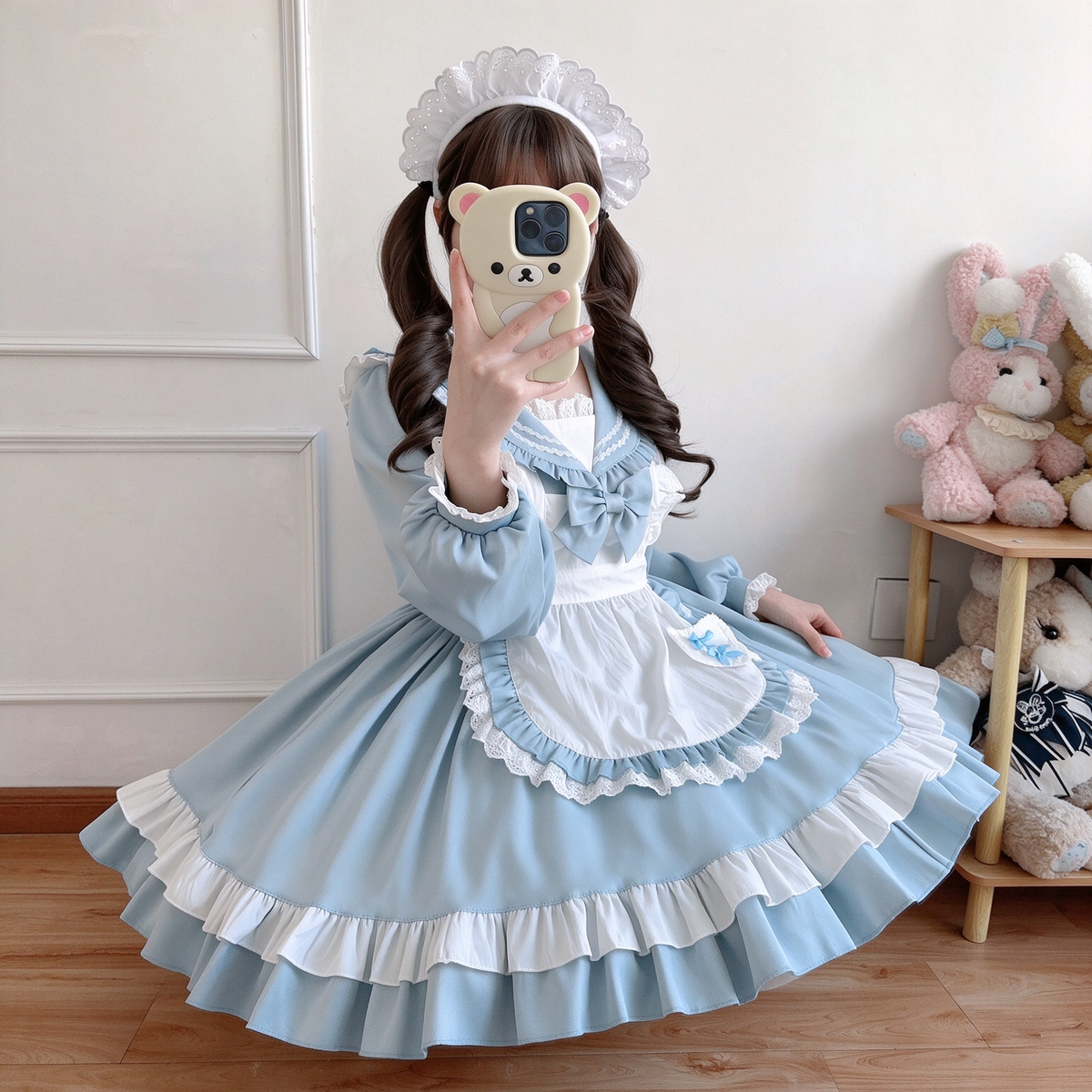 Sweet Maid Lolita Long Sleeve OP Dress Set with Sailor Collar and Heart Pocket Apron