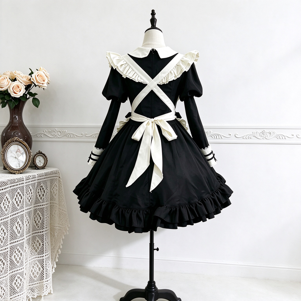 Classic Maid Lolita Long Short Sleeve OP Dress Set with Scalloped Pointed Apron