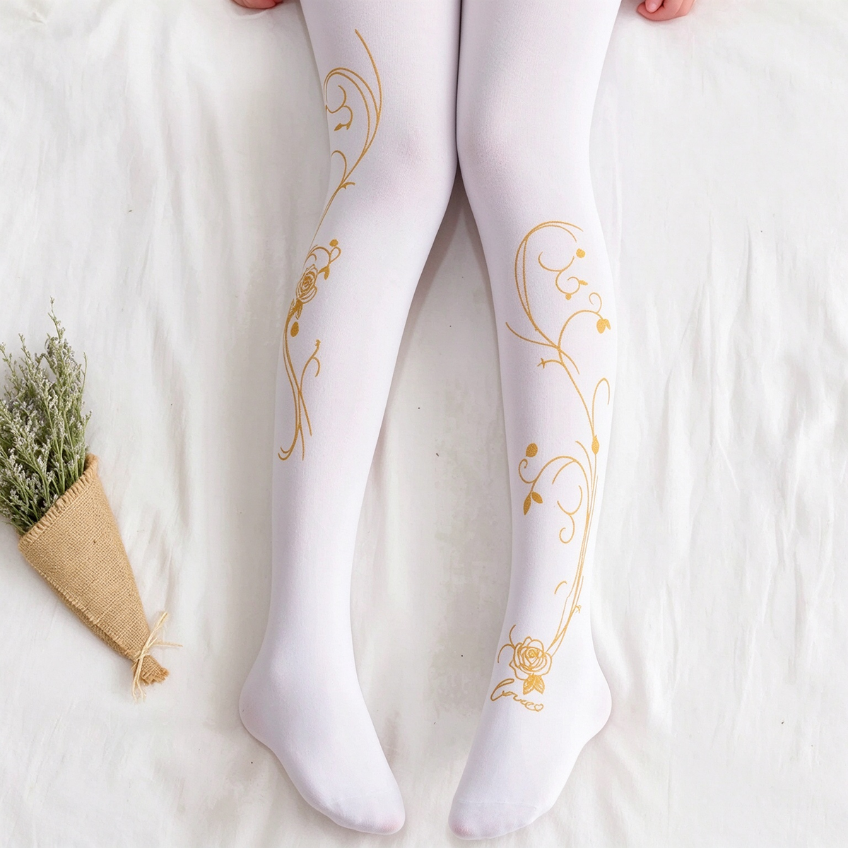 White Velvet Tights with Gold Floral Vine Print Sweet Lolita Pantyhose