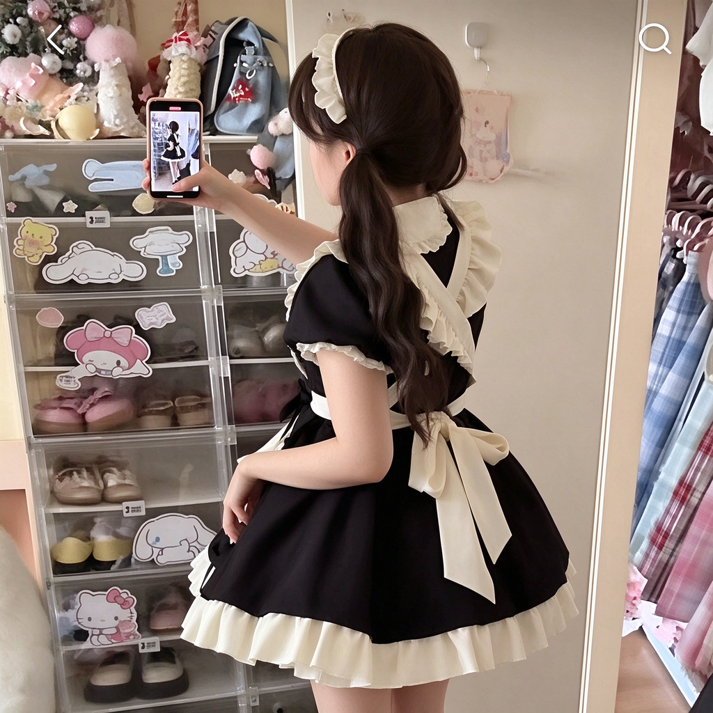 Black and White Ruffled Maid Lolita Dress with Apron Bow Accent