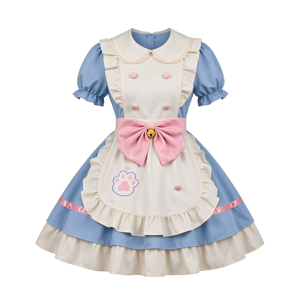 Blue and Beige Lace Cat Paw Maid Lolita Jumper Dress with Bow