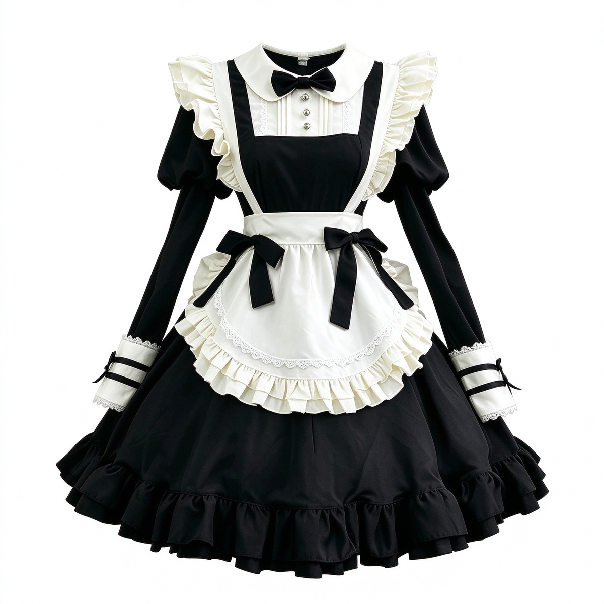 Classic Maid Lolita Long Short Sleeve OP Dress Set with Scalloped Pointed Apron