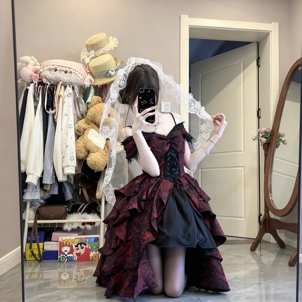 Gothic Lolita Off-Shoulder OP Dress Set with Jacquard Brocade Fabric and Tiered High-Low Skirt