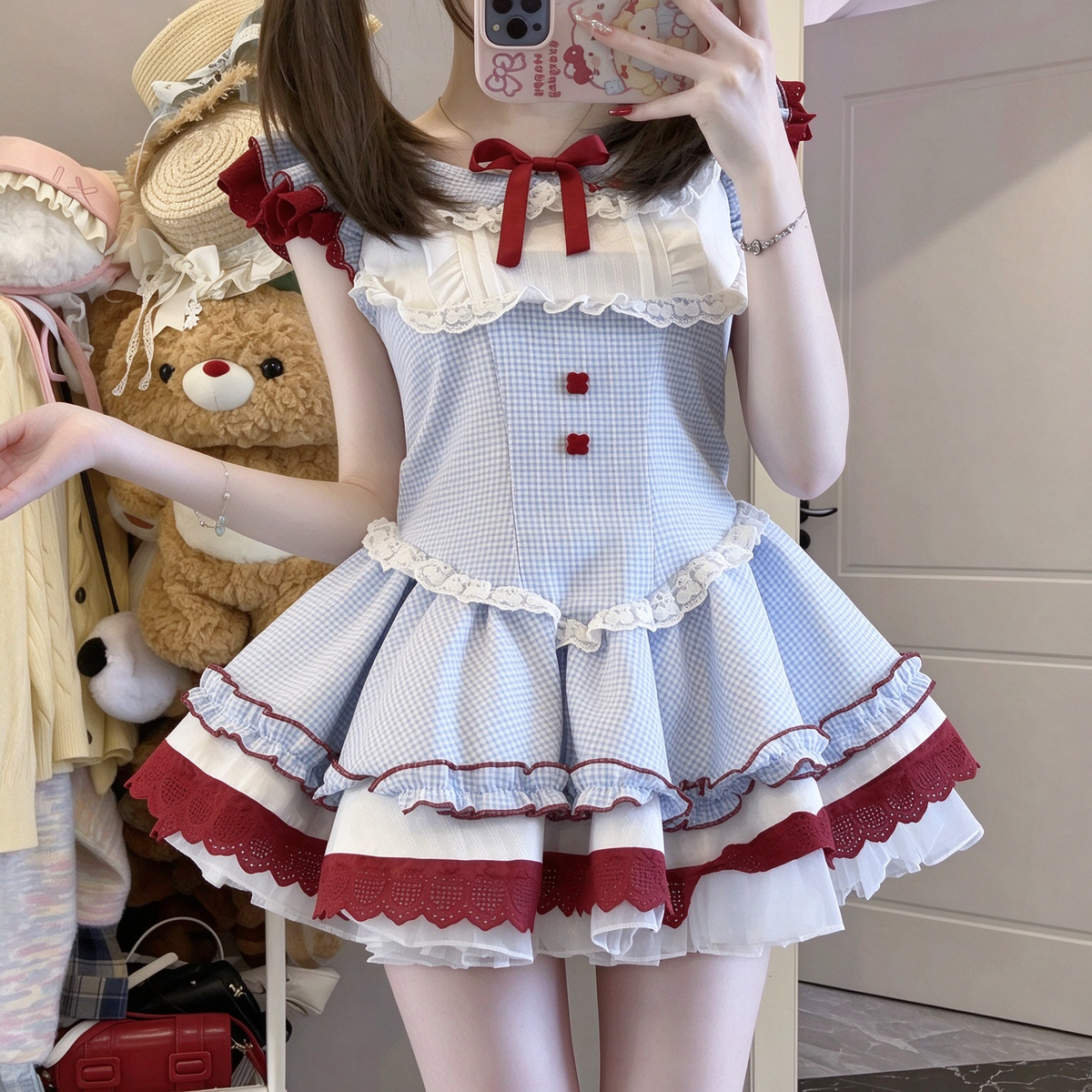 Sweet Lolita Sleeveless Gingham OP Dress with Lace Trim Yoke and Red Ribbon Bow