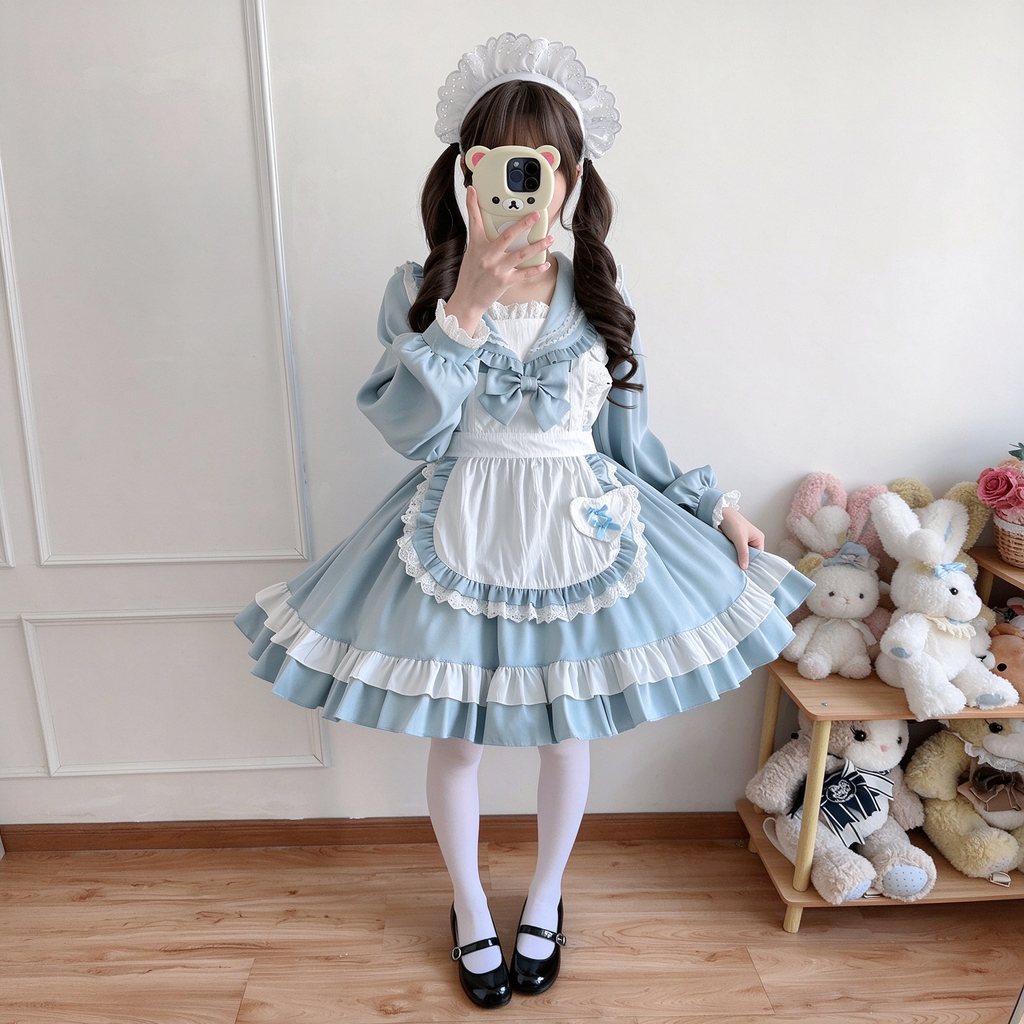 Sweet Maid Lolita Long Sleeve OP Dress Set with Sailor Collar and Heart Pocket Apron