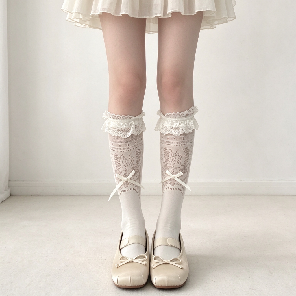 Black and White Mesh Patterned Ruffled Lace Bow Calf High Sweet Lolita Socks